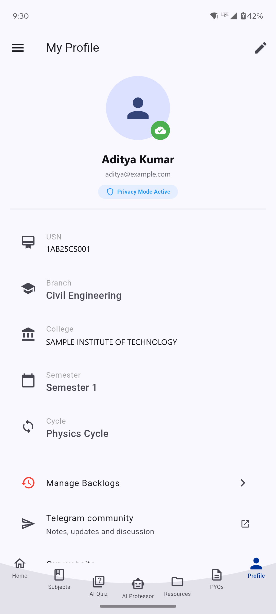 Profile in light mode